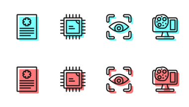 Göz taraması, hasta kaydı, işlemci işlemcisi ve genetik mühendislik ikonunu ayarla. Vektör