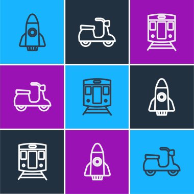 Roket gemisi, tren ve demiryolu ve Scooter ikonu ayarlayın. Vektör