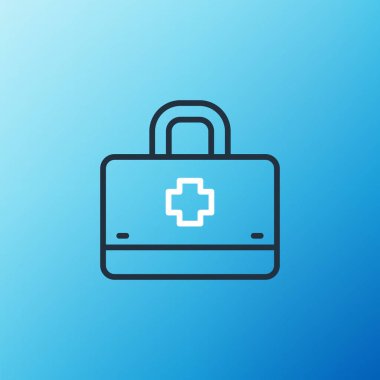 İlk yardım çantası simgesi mavi arkaplanda izole edildi. Haçlı sağlık kutusu. Acil durumlar için tıbbi ekipman. Sağlık sigortası konsepti. Renkli taslak konsepti. Vektör