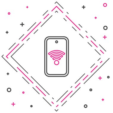Beyaz arkaplanda ücretsiz kablosuz bağlantı ikonuna sahip çizgi akıllı telefonu izole edildi. Kablosuz teknoloji, kablosuz bağlantı, kablosuz ağ. Renkli taslak konsepti. Vektör