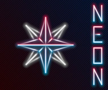 Parlayan neon çizgisi. Rüzgar simgesi siyah arkaplanda izole edilmiş. Seyahat için pusula simgesi. Navigasyon tasarımı. Renkli taslak konsepti. Vektör