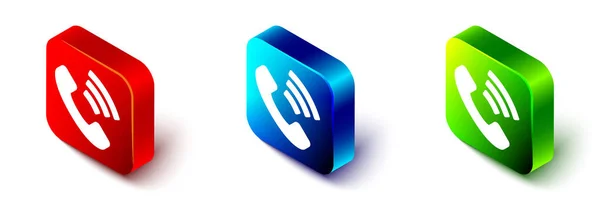 Isometric Telephone 24 시간은 흰색 배경에 고립된 아이콘을 지원한다. 고객 지원 전화 센터입니다. 전 시간 전화 서비스. 빨강, 파랑, 초록 사각형 버튼. Vector — 스톡 벡터
