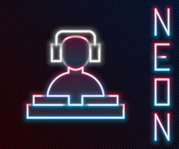 Parlayan Neon Hat Kayıt Güvertesi Simgesi Önünde Kulaklık Takıyor Siyah — Stok Vektör