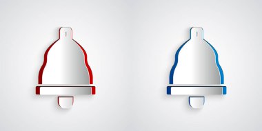 Kağıt kesiği kilise çanı simgesi gri arka planda izole edilmiş. Alarm sembolü, servis zili, el zili işareti, uyarı sembolü. Kağıt sanatı tarzı. Vektör.