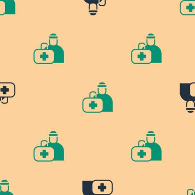 Yeşil ve siyah ilk yardım seti ikonu bej arka planda pürüzsüz desen izole etti. Haçlı sağlık kutusu. Acil durumlar için tıbbi ekipman. Sağlık sigortası konsepti. Vektör.