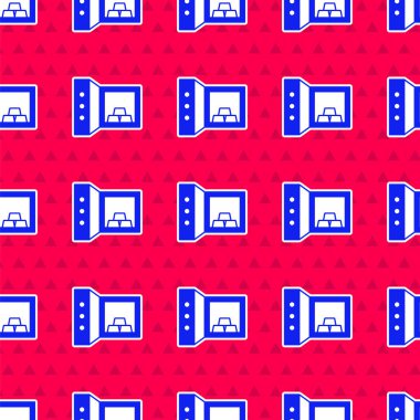 Altın renkli mavi kasa, kırmızı arka planda izole edilmiş. Bankada değerli metaller var. Metalik hazine. Güvenilir veri koruması. Vektör.