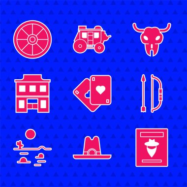 Set İskambil kartları Batı kovboy şapkası Aranıyor batı afişi yay ve ok oklu çöl manzarası kaktüs vahşi bufalo kafatası ve eski ahşap tekerlek ikonu. Vektör.