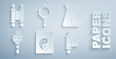 Yin Yang ve zarf Çin çay seremonisi kağıt fener kağıt parşömen ve simge. Vektör.