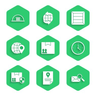 Karton kutuyu trafik sembolü zarf büyüteci ile ayarla hızlı teslimat teslimat paketi güvenlik kalkanı konumunu dünya tahta ve hangar simgesine yerleştir. Vektör.