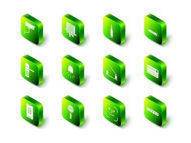 Kağıt öğütücü kurşun teşhircisi siren kredi kartı parola korumalı park engeli yüz tanıma ve büyüteç arama simgesini ayarla. Vektör.