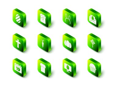 Uzun tavşan kulaklı Paskalya pastası maskesi Mutlu Hıristiyan çapraz yumurtaları paskalya balonu ve ikonu. Vektör.