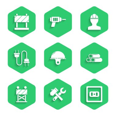 İşçi kaskı Hammer ve İngiliz anahtarı anahtarı anahtarlarını ayarla. Elektrik prizi, metalik boru yolu bariyeri tıpası ve simgesi. Vektör.