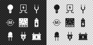 Ampere Ampere metre multimetre voltmetre ikonu ve diyot prize takılı akü şeması yayan elektrik trafo kablosu fikri ile ampulü ayarlayın. Vektör.