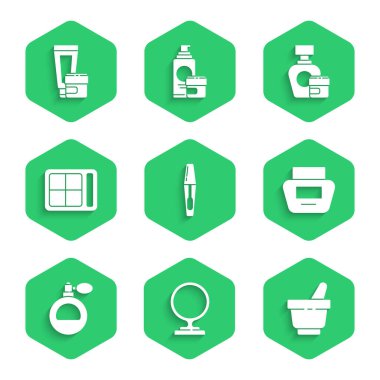 Mascara fırça, yuvarlak makyaj aynası Havan ve krem, kozmetik tüp parfüm, gölge paleti ve ikon. Vektör.