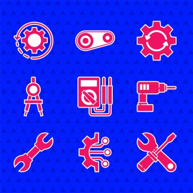 Çoklu Metre Algoritma Tornavida ve İngiliz anahtarı anahtarlı elektrikli matkap anahtarlarını ayarlayın Wrench pusula çizme dişli okları çalışma akışı ve simgesi. Vektör.