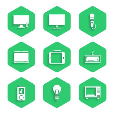 Fikir kavramına sahip grafiksel tablet ampulü mikrodalga fırın klavye müzik çalar, dizüstü bilgisayar mikrofonu ve Smart Tv simgesi ile ayarlayın. Vektör.