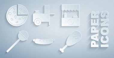 Hotdog Sandviç Sokağı tezgahını lolipop tavuk budu, fast street food seti ve pizza ikonu ile kurun. Vektör.