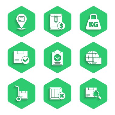 Dağıtım listesi pano tahta kutusunun doğrulanmasını ayarlayın ve Arama paketini silin dünya çapında sevkiyat el kamyon kutuları paketini işaretli ağırlık ve konum karton simgesi ile birlikte. Vektör.