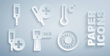 Dijital termometre Meteoroloji Güneş Tıbbi ve simgesini ayarla. Vektör.