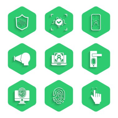 Yüz tanıma sistemi ile parmak izi kapı kilidi Monitör parmak izi Face Mobile ve Shield ses simgesini ayarla. Vektör.