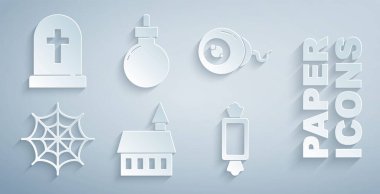 Şato Gözlü Örümcek Ağı Bombası 'nı patlamaya hazır hale getirin ve mezar taşını da haç simgesiyle. Vektör.