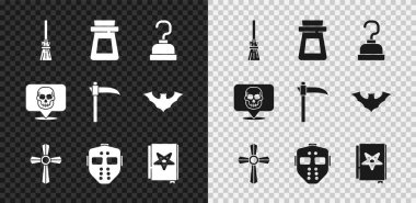 Cadıların süpürge şişesini iksir kancasıyla hazırla. Tombstone, Hokey maskesi, Eskiler 'in sihirli kitabı Skull ve Scythe ikonu. Vektör.