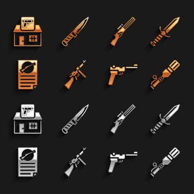 Makineli tüfek, ordu bıçağı, anti-tank el bombası, Mauser Ateşli Silahlar ruhsatı, av silahı ve ikon. Vektör.