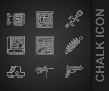 Silah kataloğu, makineli tüfek M3 Pistol ya da Collimator av kitabı, keskin nişancı optik ve av silahı ikonu ile ayarlayın. Vektör.