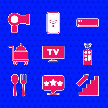 Smart Tv Beş Yıldızlı Değerlendirme Merdiveni 'ni uzaktan kumandalı çatal ve kaşık kaplı tepsi klima ve saç kurutma ikonu ile ayarla. Vektör.