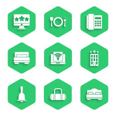 Kablosuz laptop Suitcase Oteli oda odası servis zili telefon ahizesi ve beş yıldızlı değerlendirme simgesini ayarla. Vektör.