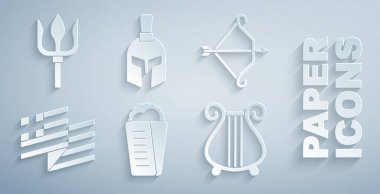 Gyros Pita Yunan Ortaçağ yayı ve Yunanistan ulusal bayrağı Antik Lir miğferi ve Neptün Trident ikonu. Vektör.