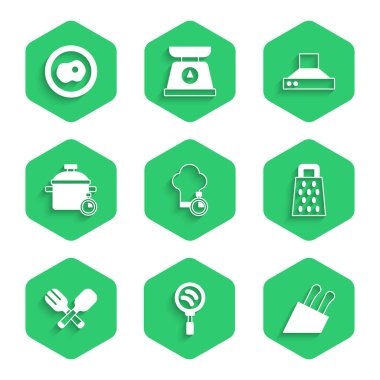 Şef şapkalı tava bıçaklı ızgara çatal kaşıklı mutfak vantilatörü ve çırpılmış yumurta ikonu hazırla. Vektör.