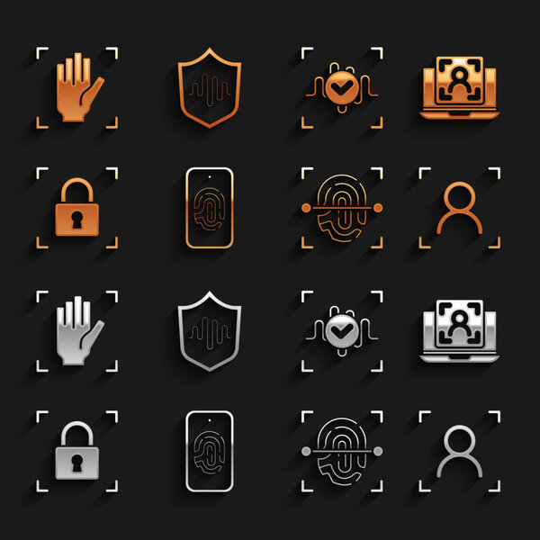 Установите Mobile с помощью сканирования отпечатков пальцев Ноутбук распознавания лица Face Fingerprint блокировки голоса ладонь и щит значок голоса. Вектор.