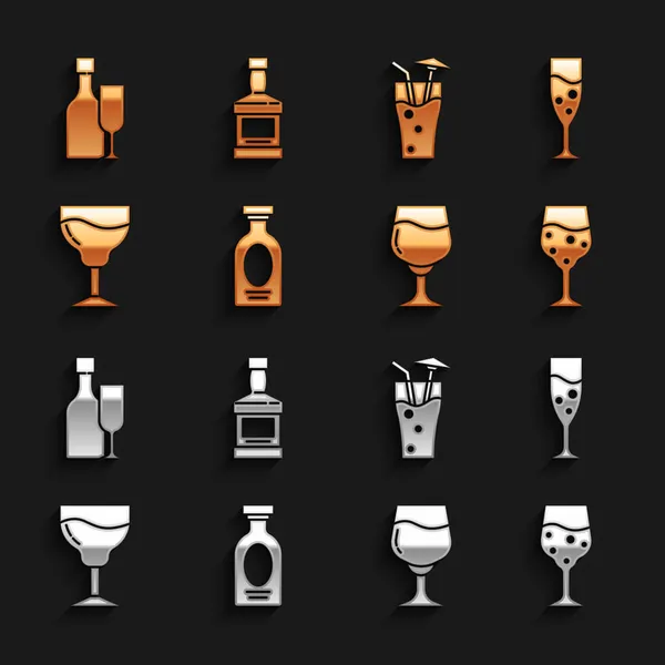 Set Alcohol Drink Rum Glas Champagner Weinglas Cocktailflasche Mit Whiskey — Stockvektor