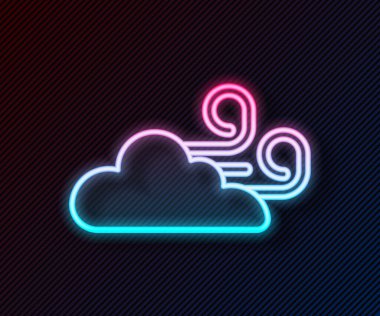 Parlayan neon hattı. Rüzgarlı hava ikonu siyah arkaplanda izole edildi. Bulut ve rüzgar. Vektör.