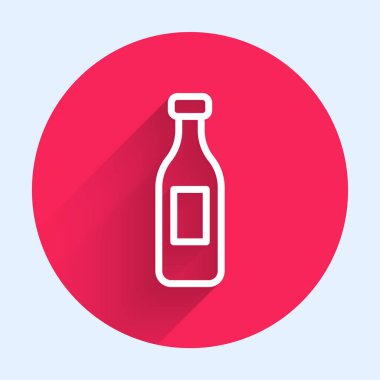 Beyaz çizgi boyundaki su ikonu uzun gölge arkaplanı ile izole edilmiş. Soda su içme tabelası. Kırmızı daire düğmesi. Vektör.