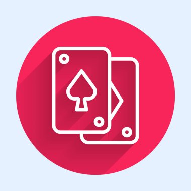 Beyaz çizgi, uzun gölge arkaplan ile izole edilmiş kart simgesi oynuyor. Kumarhane kumarı. Kırmızı daire düğmesi. Vektör.