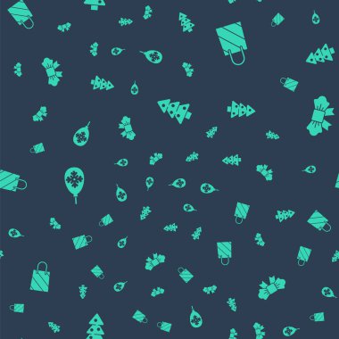 Noel ağacı, alışveriş çantası, kar taneli balonlar ve kusursuz desenli papyon. Vektör.