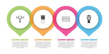 Müzikal ayar çatalı, Davul, Ses Karıştırıcı kumandası ve Gitar ayarla. Ticari bilgi şablonu. Vektör.