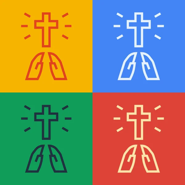 Pop Art Line Hands Praying Position Icon Isolated Color Background — Vetor de Stock