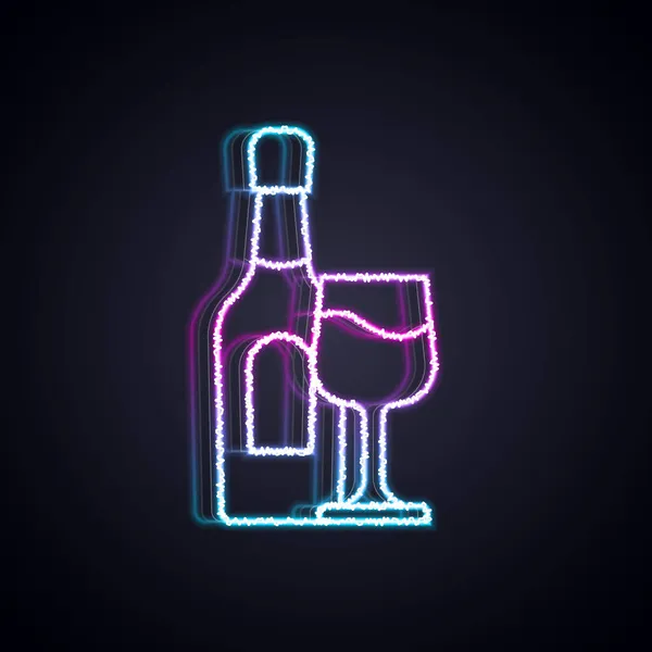 Glowing Neon Line Wine Bottle Glass Icon Isolated Black Background — Stock Vector