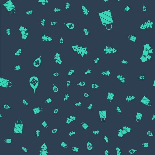 Noel ağacı, alışveriş çantası, kar taneli balonlar ve kusursuz desenli papyon. Vektör.