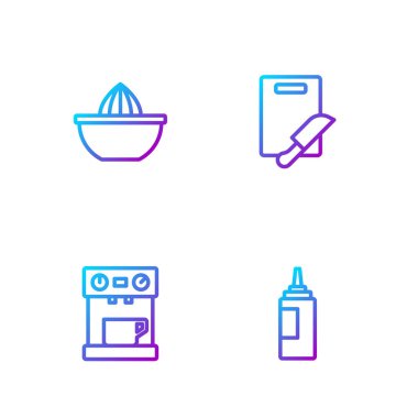 Sos şişesi, kahve makinesi, meyve sıkacağı, kesme tahtası ve bıçak. Renk simgeleri. Vektör.