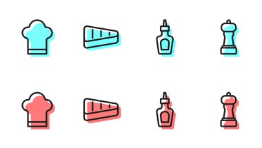Sos şişesi, şef şapkası, biftek ve biber ikonu. Vektör.