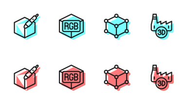 Satır Isometric küp, 3D kalem aracı, RGB ve CMYK renk karıştırma ve matbaa evi ikonu. Vektör.