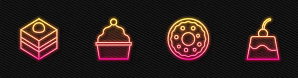 设置线多努特 布朗尼巧克力蛋糕 蛋糕和布丁奶油 发光的霓虹灯图标 — 图库矢量图片