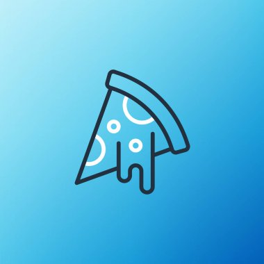 Mavi arka planda izole edilmiş pizza ikonu çizgisi. Fast food menüsü. Renkli taslak konsepti. Vektör