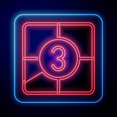 Parlayan neon eski film geri sayım kare simgesi siyah arkaplanda izole edildi. Klasik retro sinema zamanlayıcısı. Vektör.