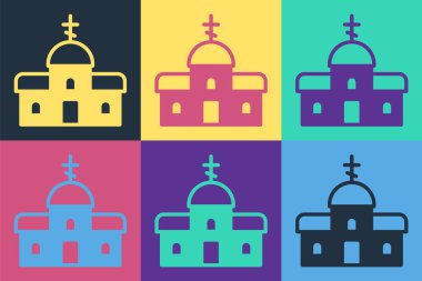Pop Art Church binası ikonu renk arkaplanında izole edilmiş. Hıristiyan Kilisesi. Kilisenin dini. Vektör.