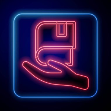 Parlayan neon kitap bağış simgesi siyah arkaplanda izole edildi. Vektör.